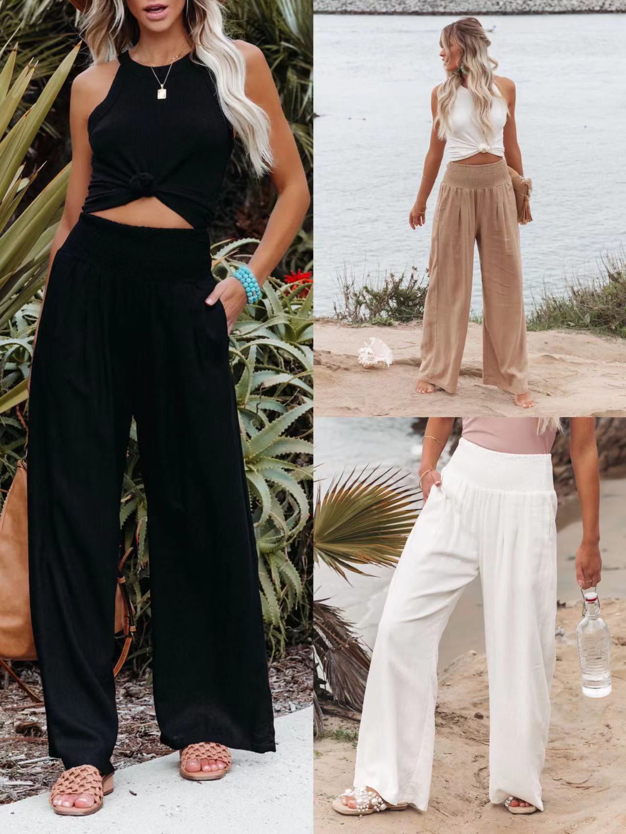 2022 Spring Summer Casual Wide Leg Cotton Linen Popular Loose Trousers for Women High Waist Elastic Solid Color Pants